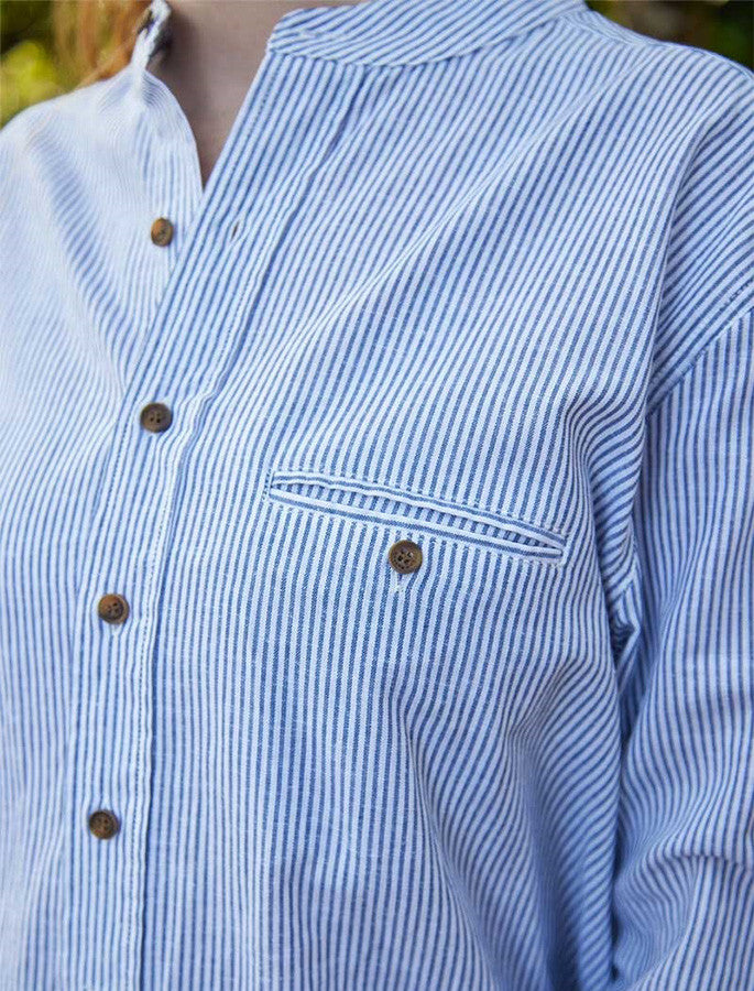 Ladies Irish Linen Grandfather Shirt - Navy & White Stripe