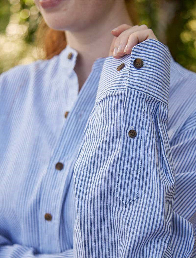 Ladies Irish Linen Grandfather Shirt - Navy & White Stripe