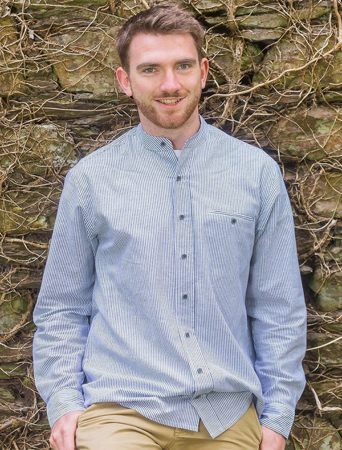 Irish Linen Grandfather Shirt - Navy & White Stripe