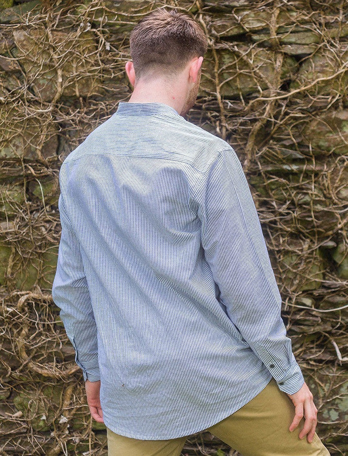 Irish Linen Grandfather Shirt - Navy & White Stripe