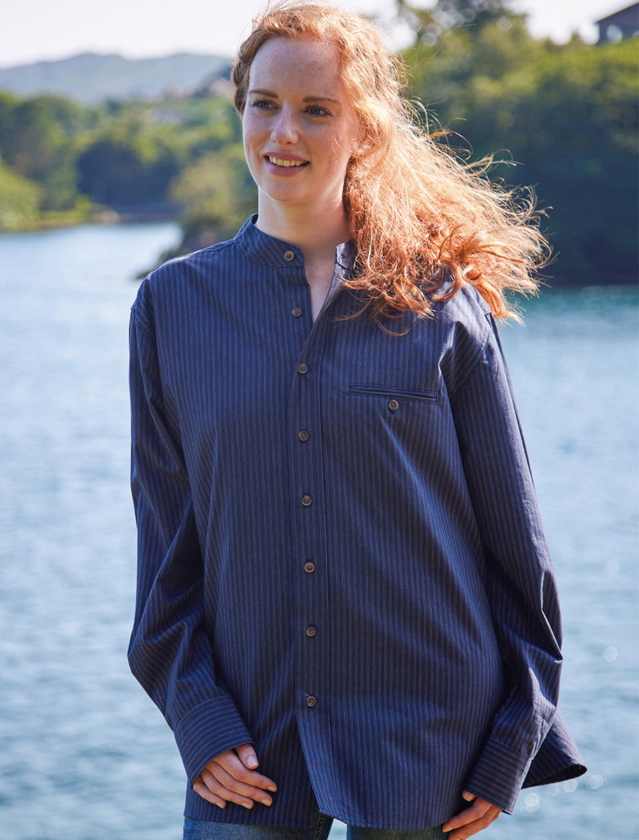 Ladies Comfort Cotton Grandfather Shirt - Navy & White Stripe