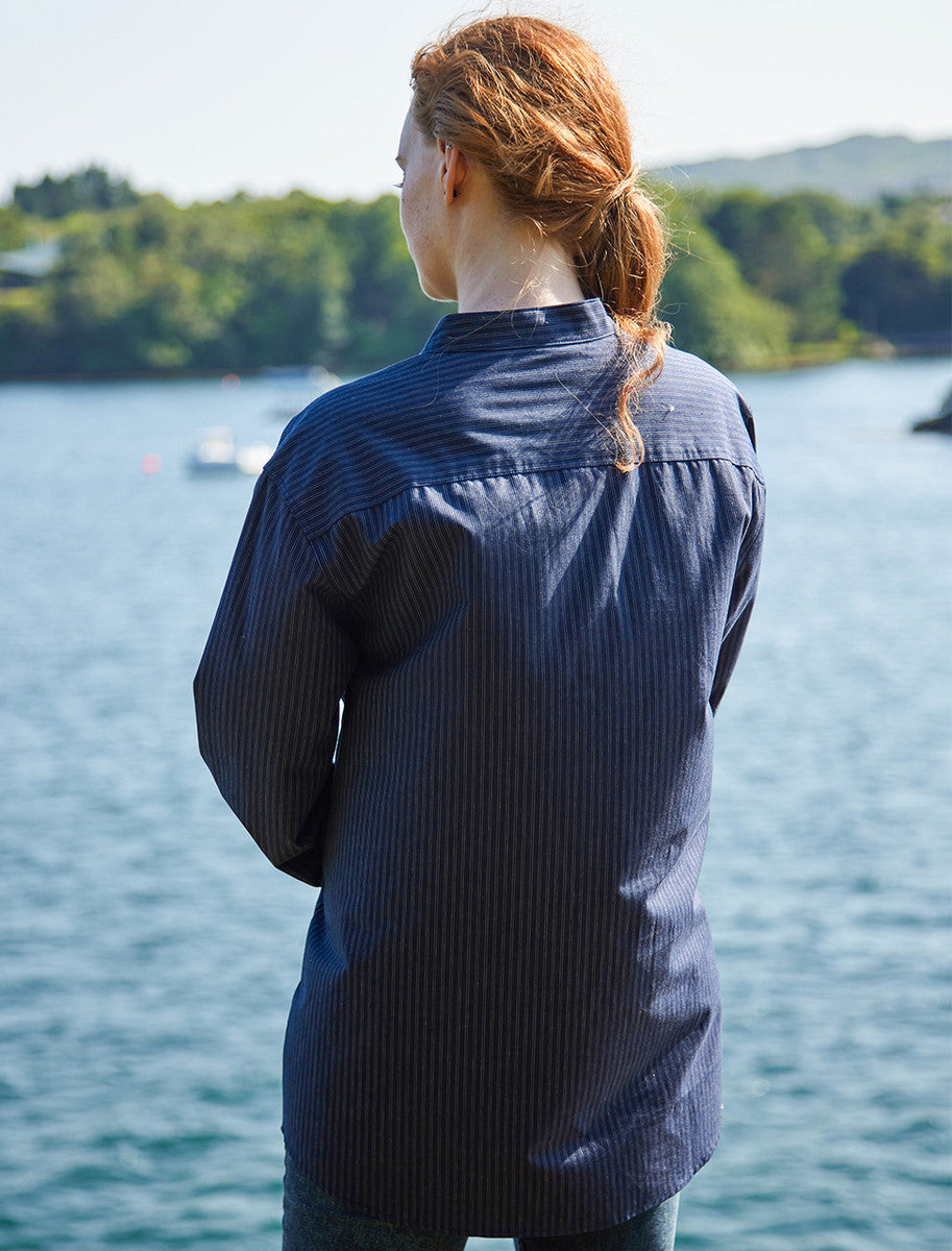 Ladies Comfort Cotton Grandfather Shirt - Navy & White Stripe