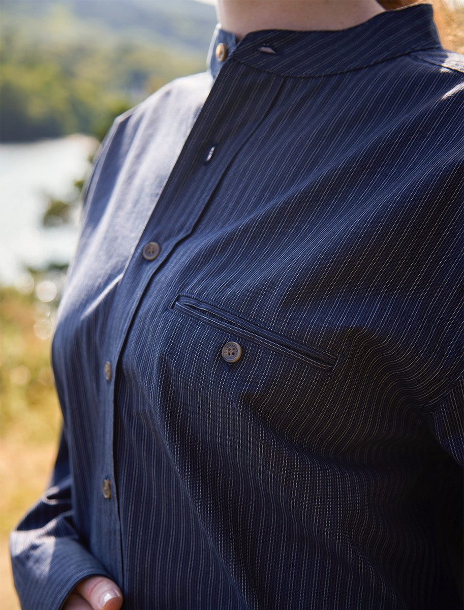 Ladies Comfort Cotton Grandfather Shirt - Navy & White Stripe