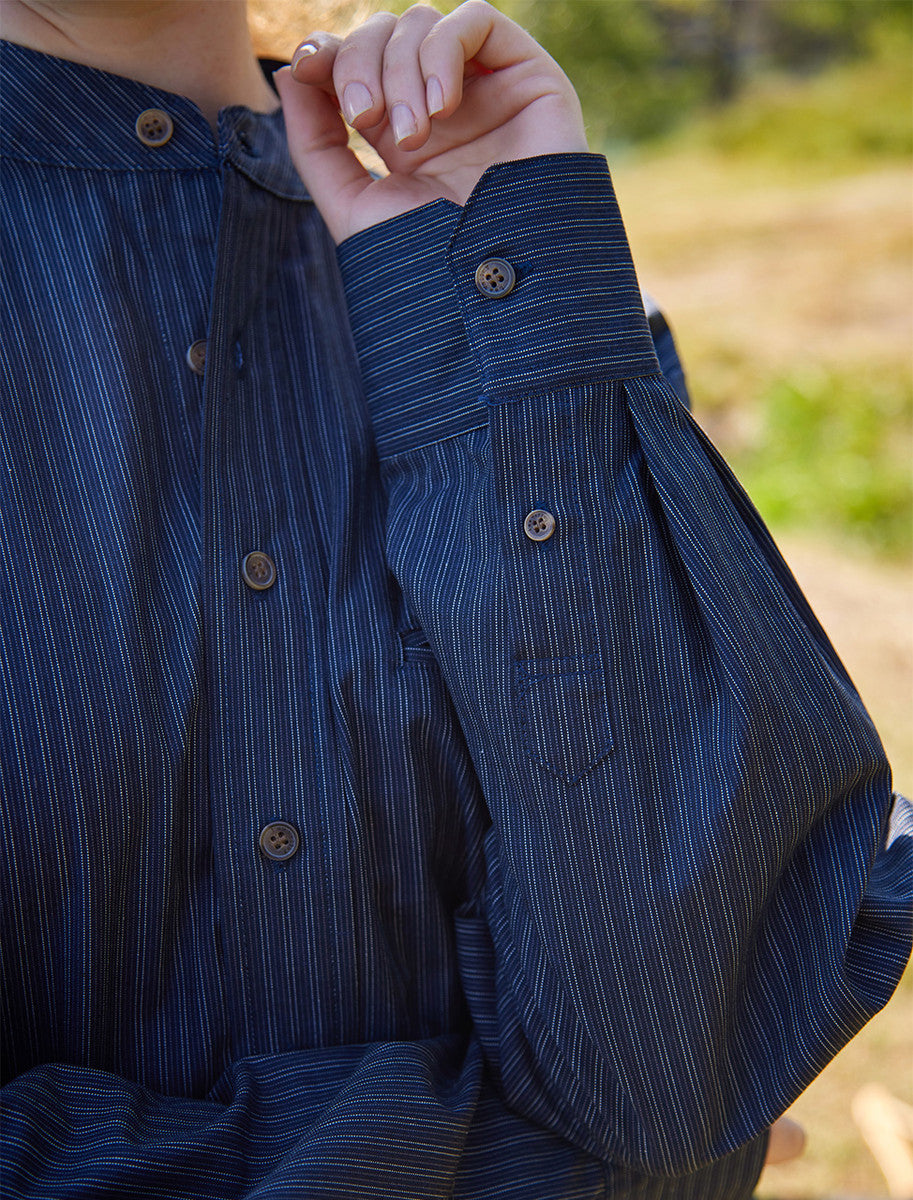 Ladies Comfort Cotton Grandfather Shirt - Navy & White Stripe