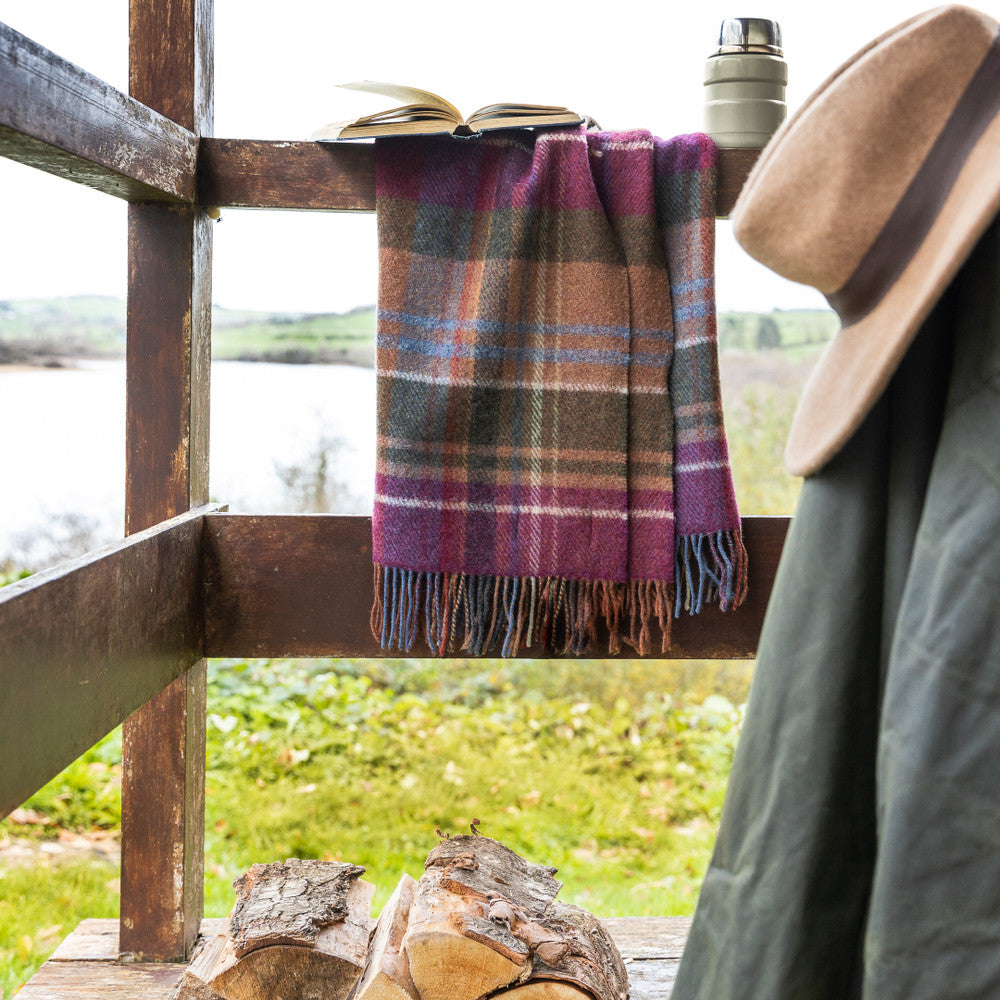 Plaid Wool Throw - Rust Cranberry Olive