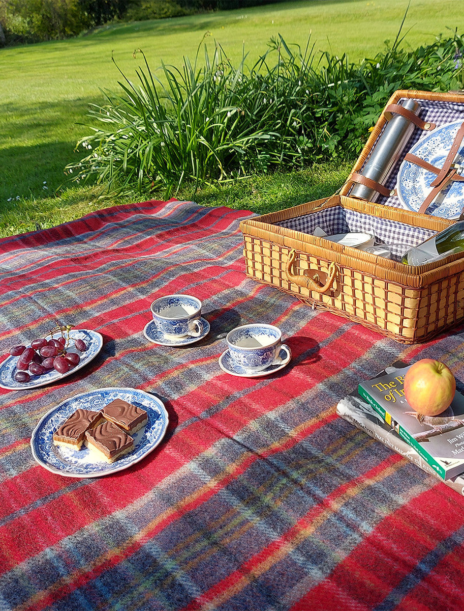 Irish Wool Picnic Throw - Orange, Red & Blue