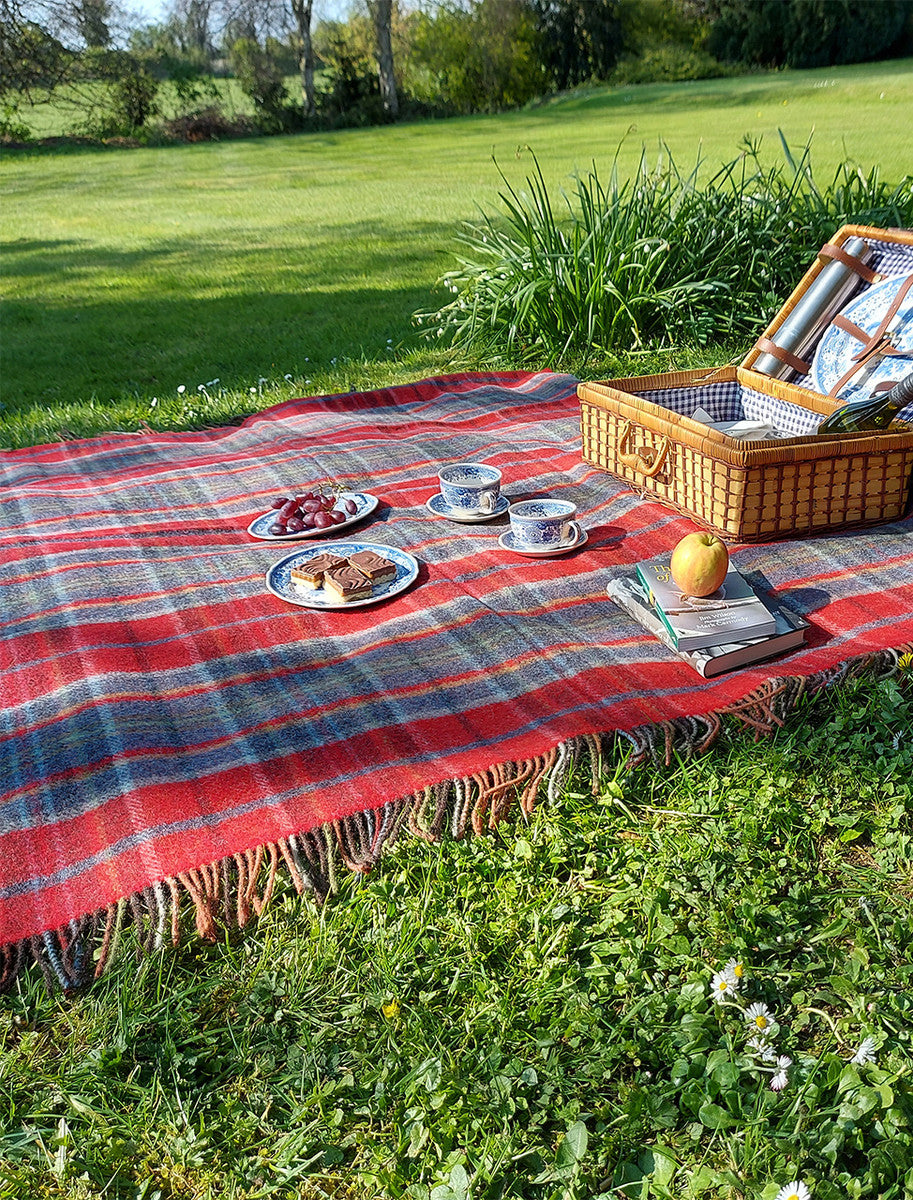 Irish Wool Picnic Throw - Orange, Red & Blue