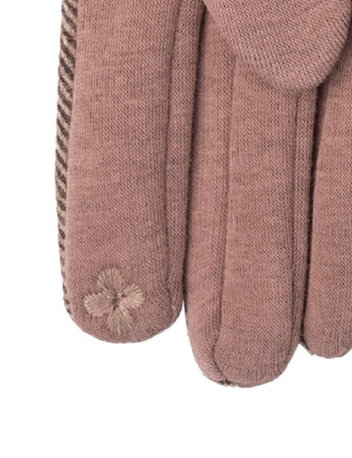 Ladies Double Pom Pom Gloves - Camel Herringbone