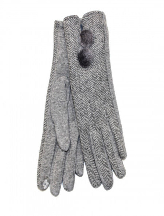 Ladies Double Pom Pom Gloves -Silver Herringbone