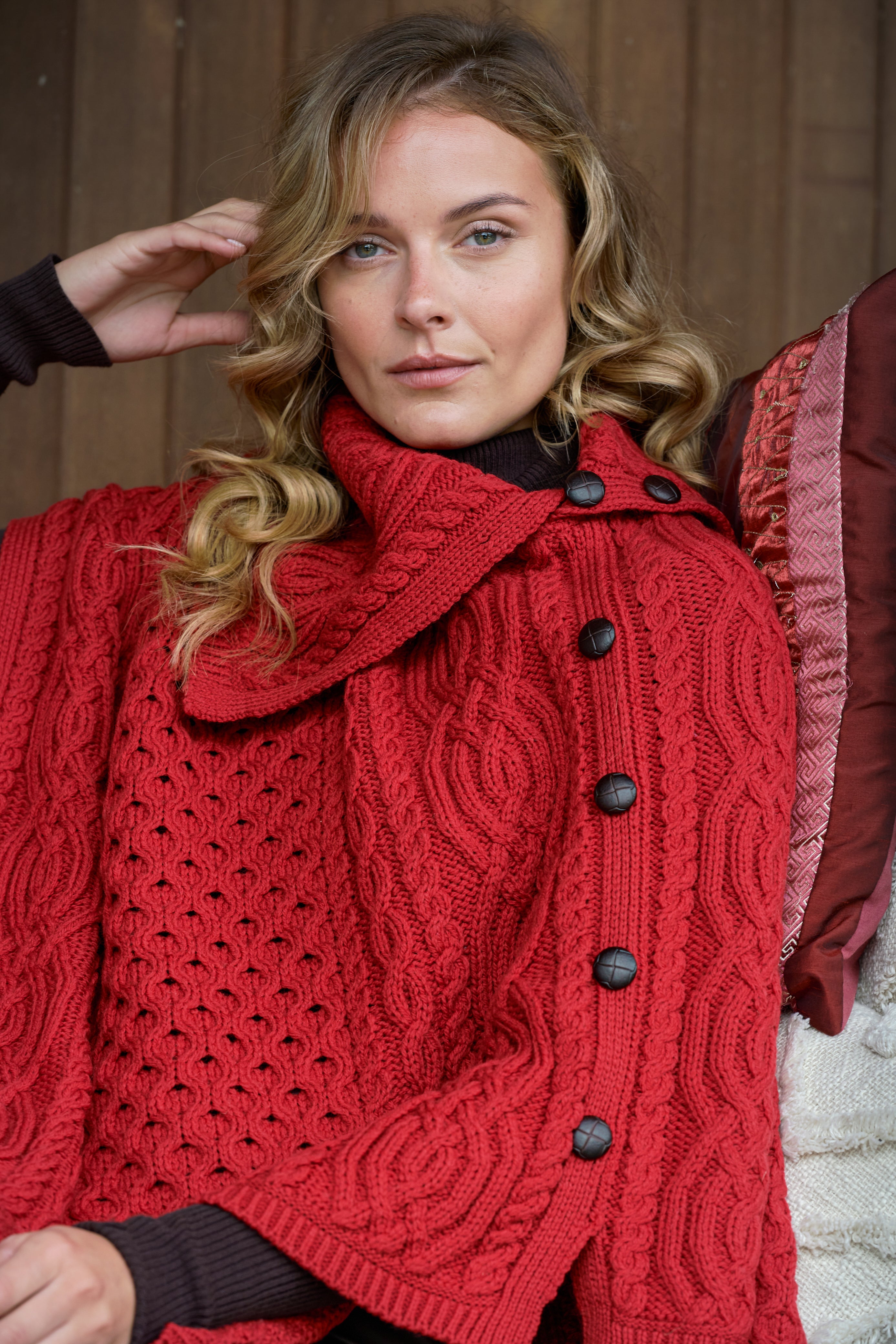 Ladies Merino Button Poncho - Natural White