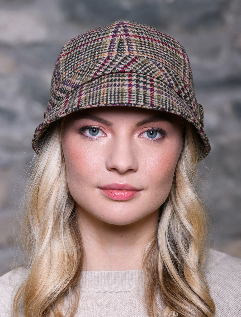 Ladies Tweed Flapper Cap - Cream Red & Beige