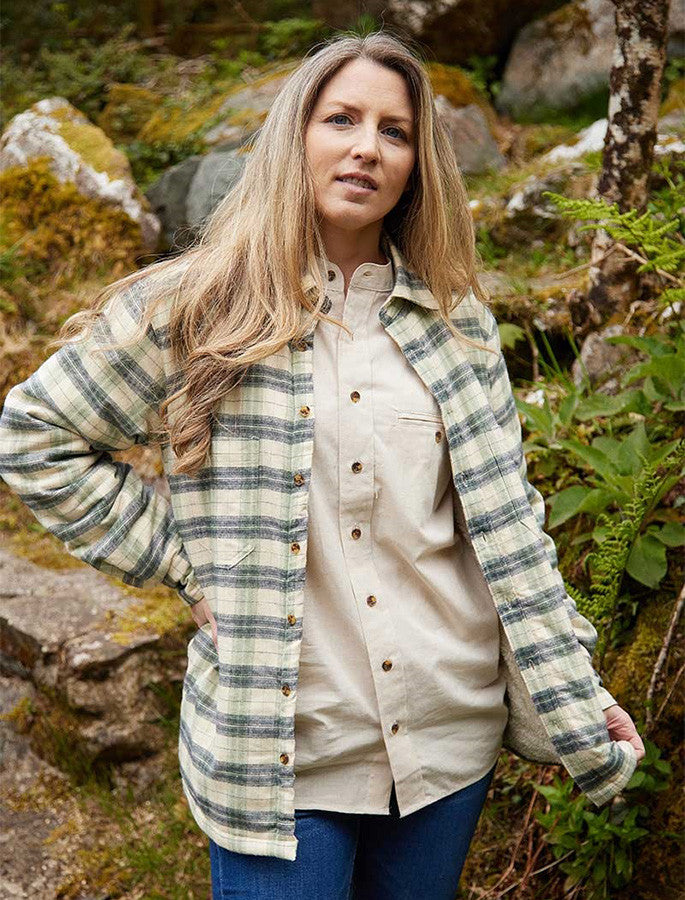 Ladies Fleece Lined Flannel Shirt - Ecru Green & Navy Check
