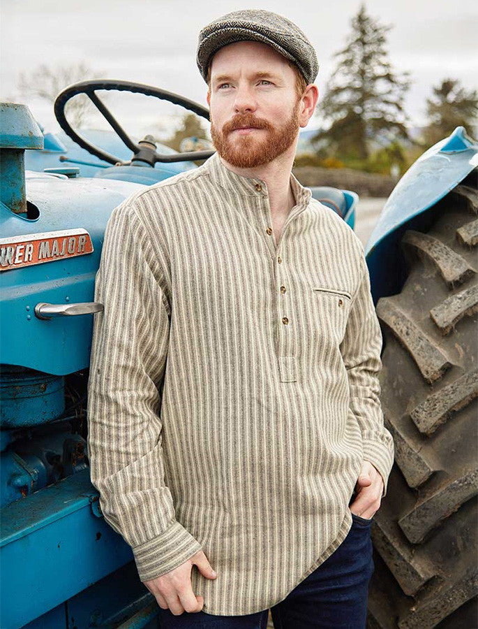 Flannel Grandfather Shirt - Beige Green Maroon Stripe