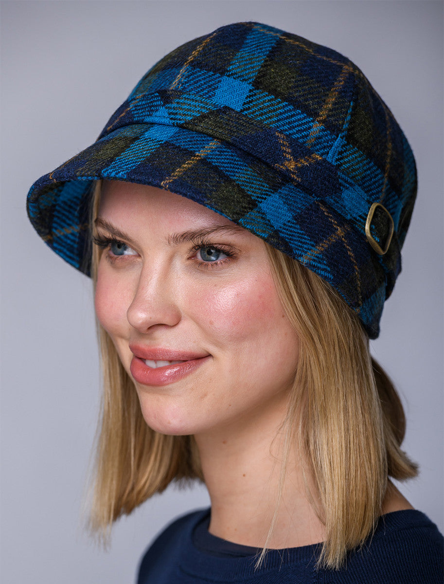 Ladies Tweed Flapper Cap - Green, Navy & Blue