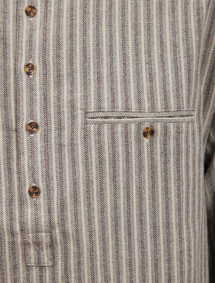 Ladies Flannel Grandfather Shirt - Beige Green Maroon Stripe