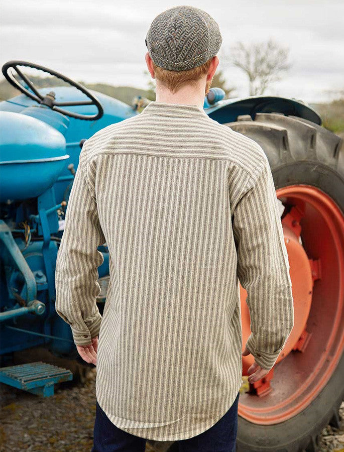 Flannel Grandfather Shirt - Beige Green Maroon Stripe