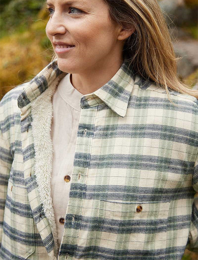 Ladies Fleece Lined Flannel Shirt - Ecru Green & Navy Check