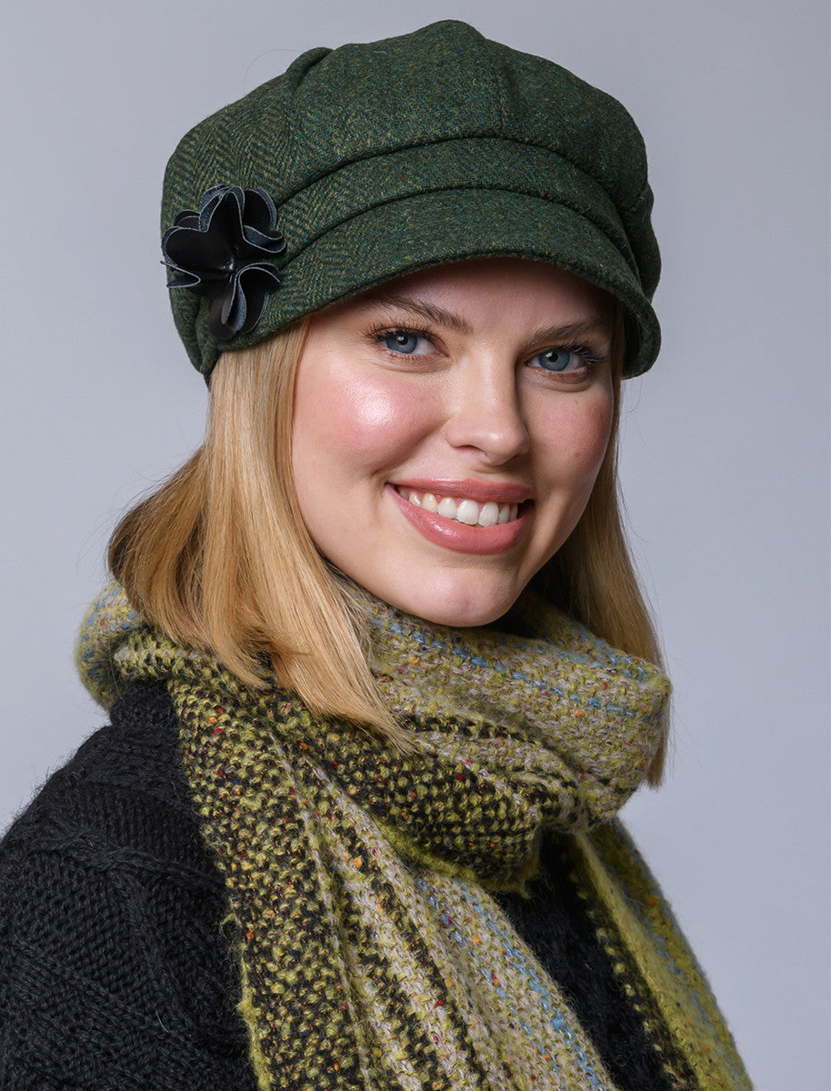 Ladies Tweed Newsboy Hat - Green & Yellow