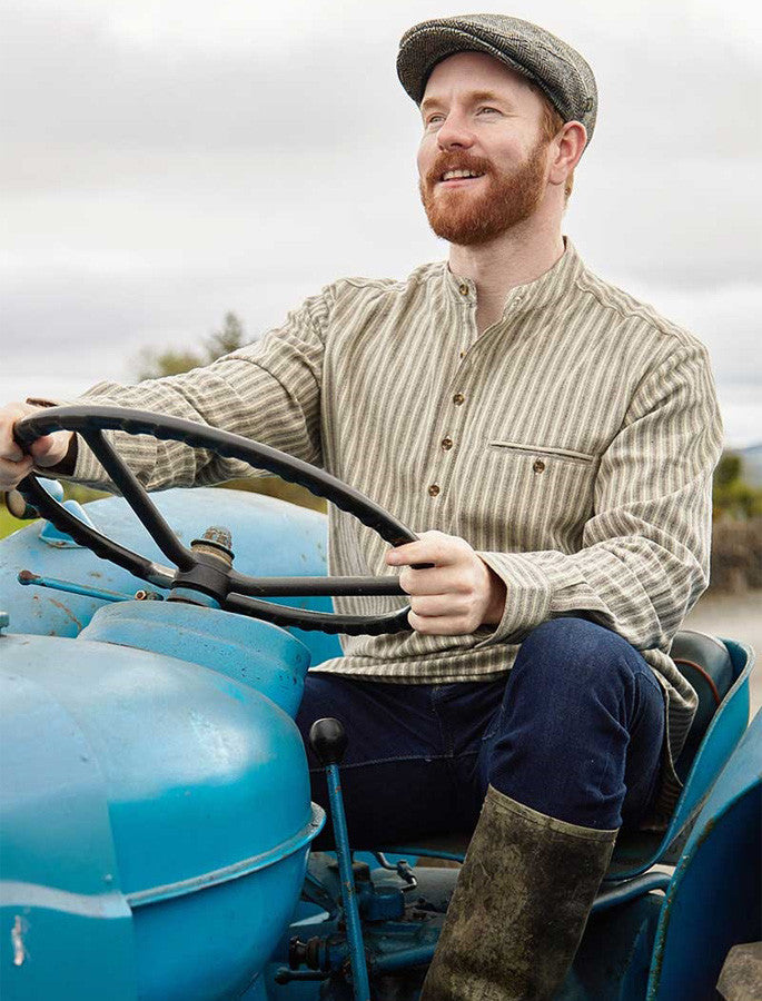 Flannel Grandfather Shirt - Beige Green Maroon Stripe