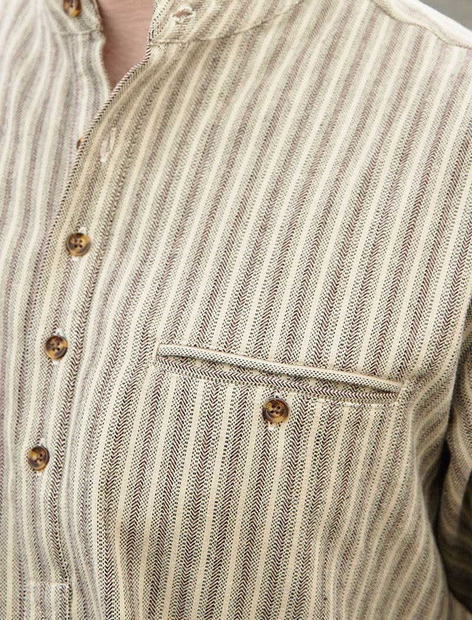 Flannel Grandfather Shirt - Beige Green Maroon Stripe