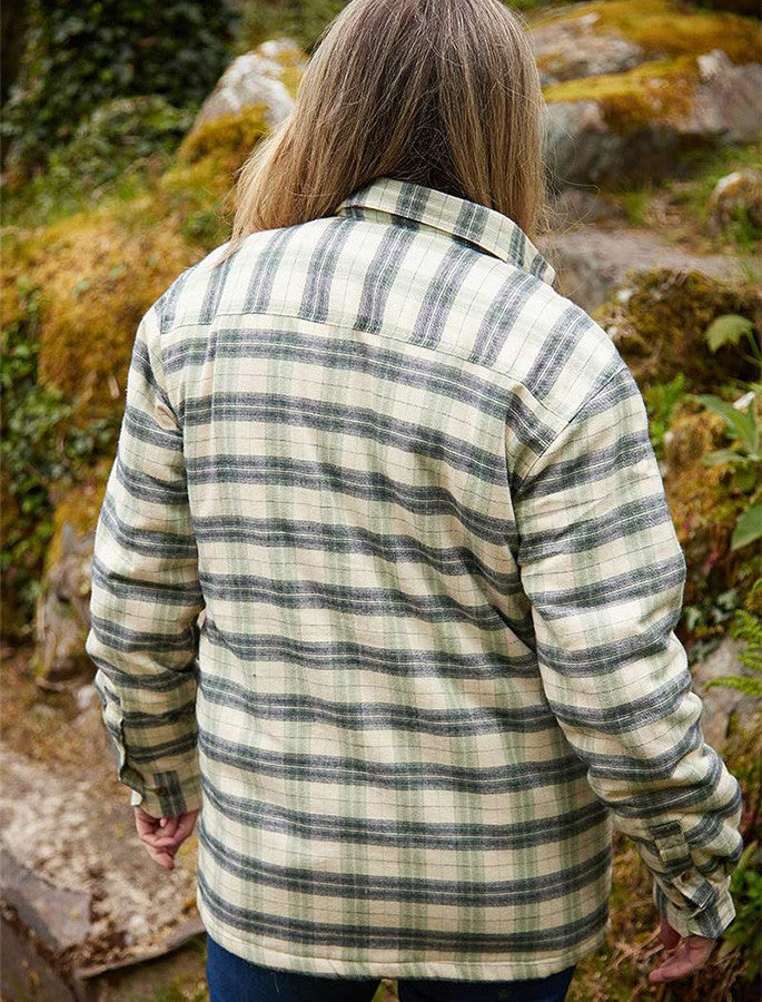 Ladies Fleece Lined Flannel Shirt - Ecru Green & Navy Check