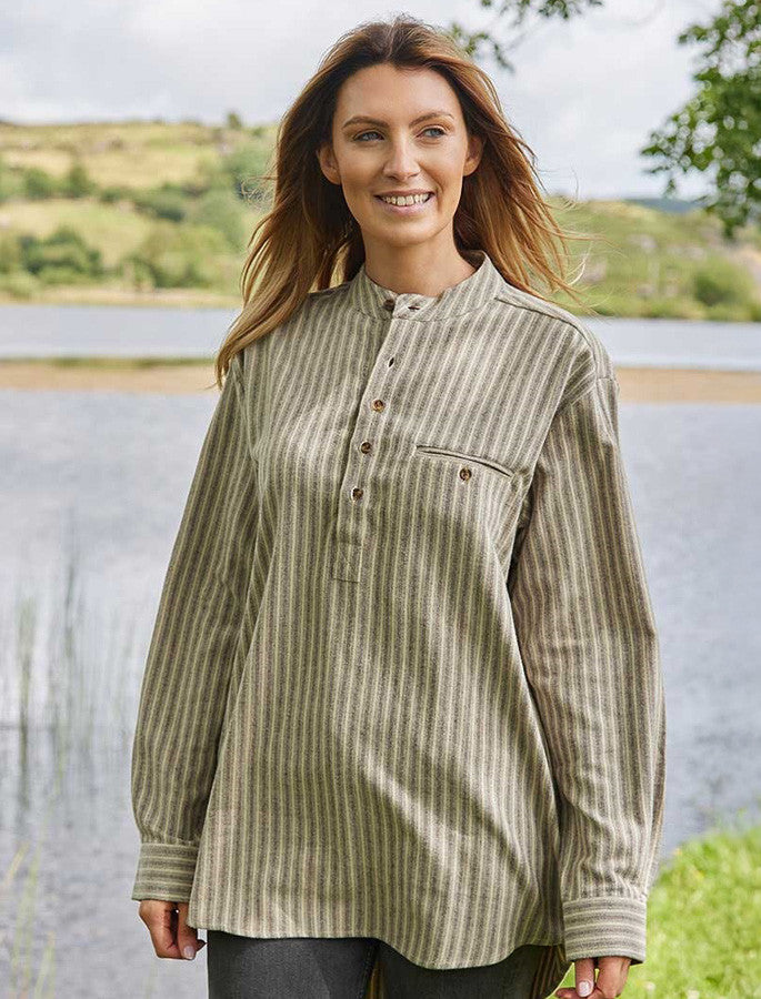 Ladies Flannel Grandfather Shirt - Beige Green Maroon Stripe