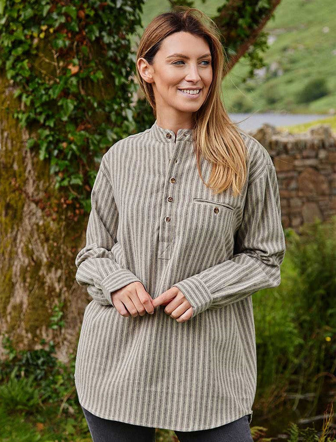 Ladies Flannel Grandfather Shirt - Beige Green Maroon Stripe