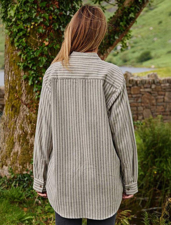 Ladies Flannel Grandfather Shirt - Beige Green Maroon Stripe