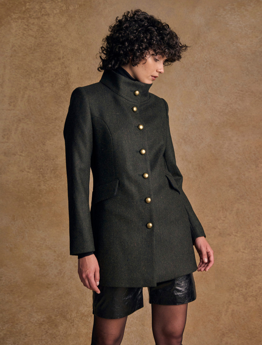 Lynn Tweed Coat - Deep Green Herringbone