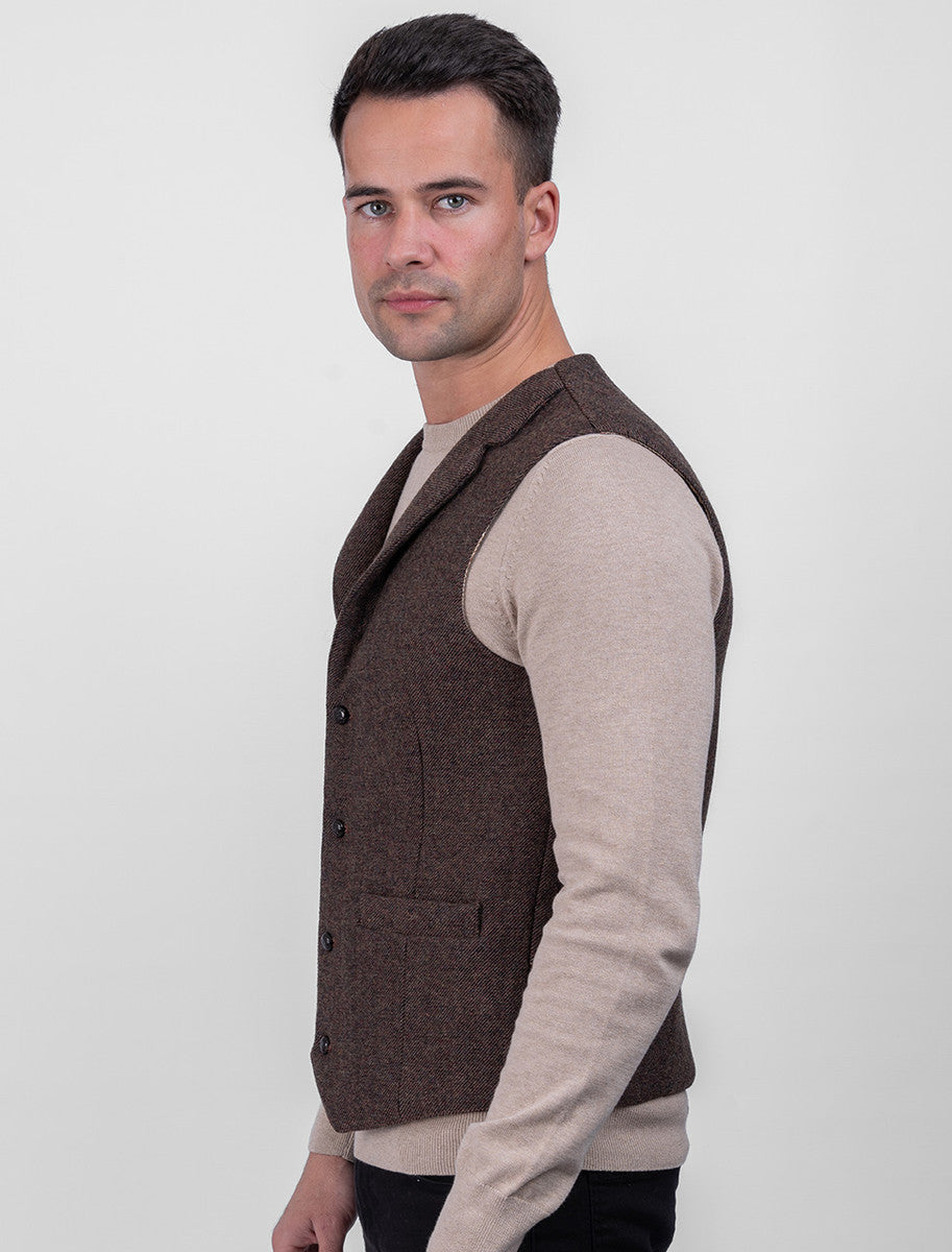 Burns Wool Tweed Waistcoat With Revere - Brown