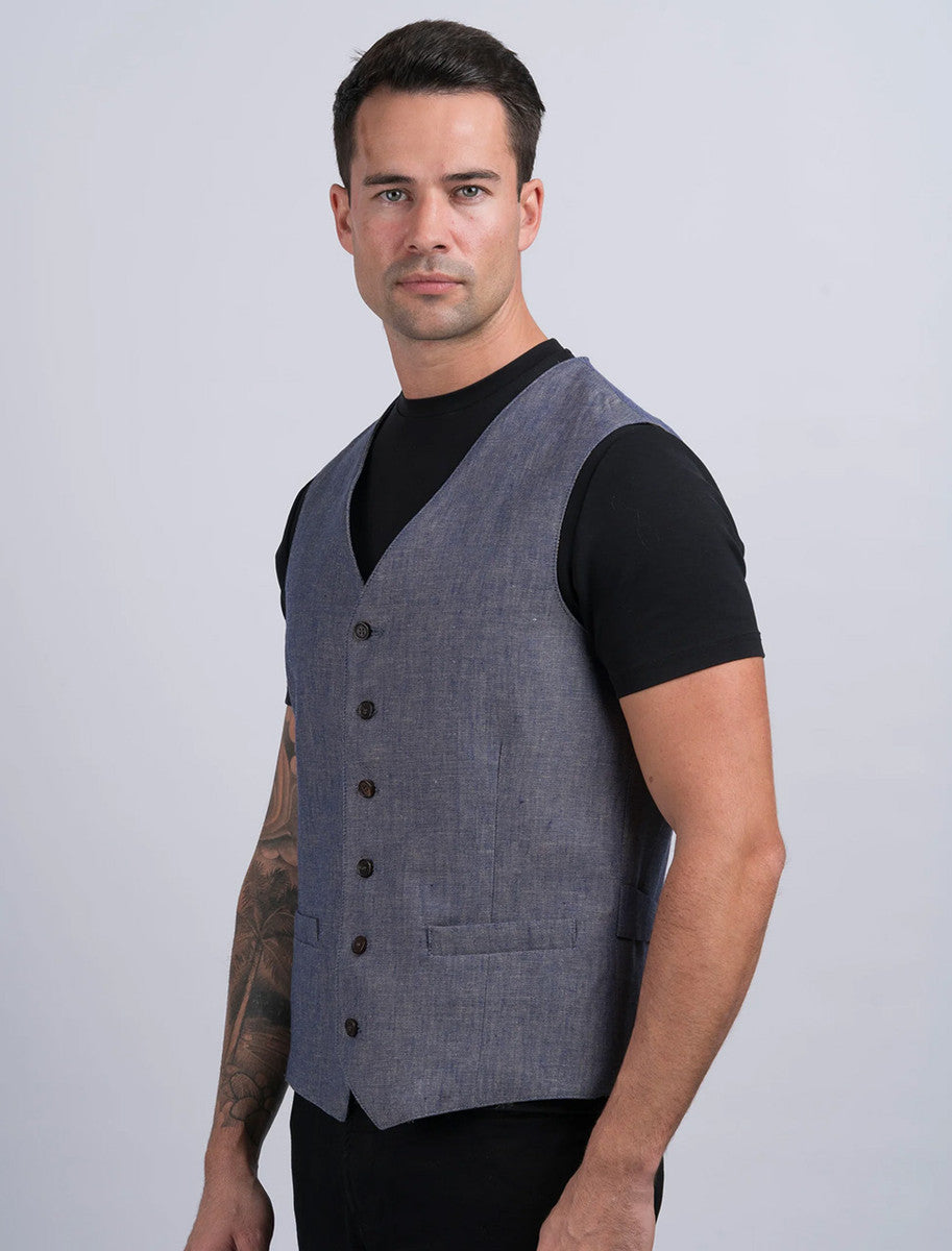 Irish Denim Blue Linen Waistcoat