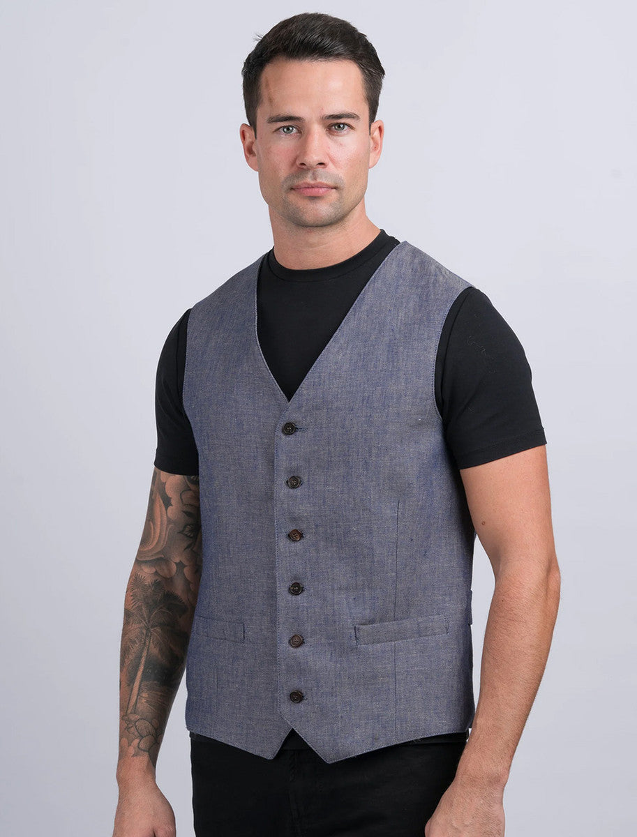Irish Denim Blue Linen Waistcoat