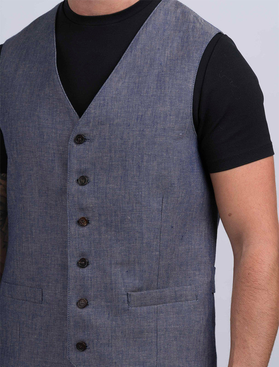Irish Denim Blue Linen Waistcoat