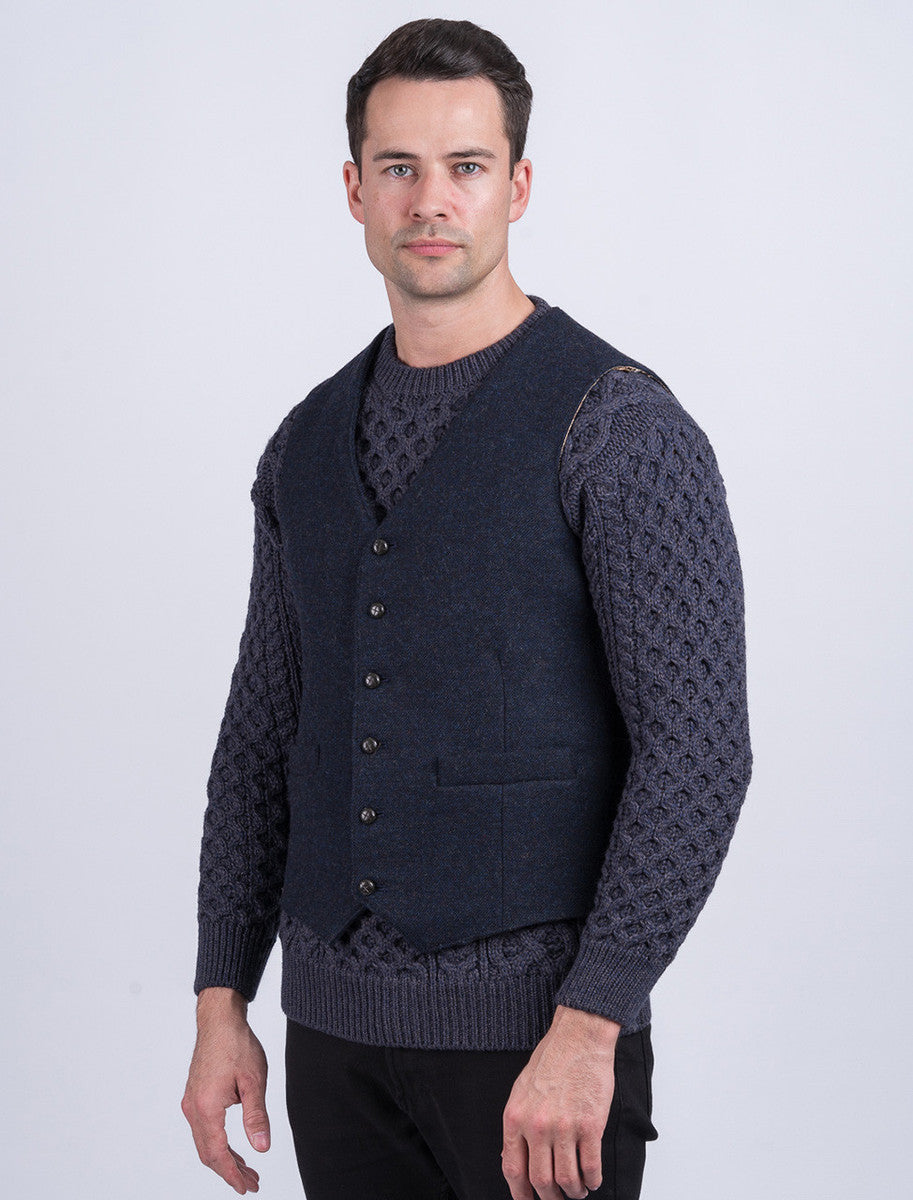Ryan Tweed Herringbone Wool Waistcoat - Navy