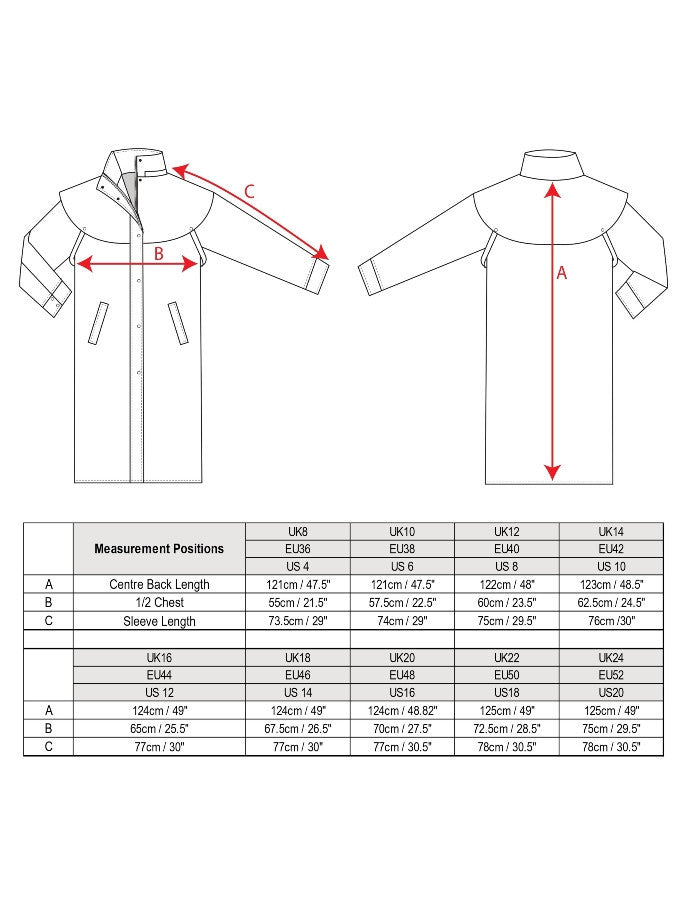 Donegal Ladies Waterproof Full Length Coat - Size Guide