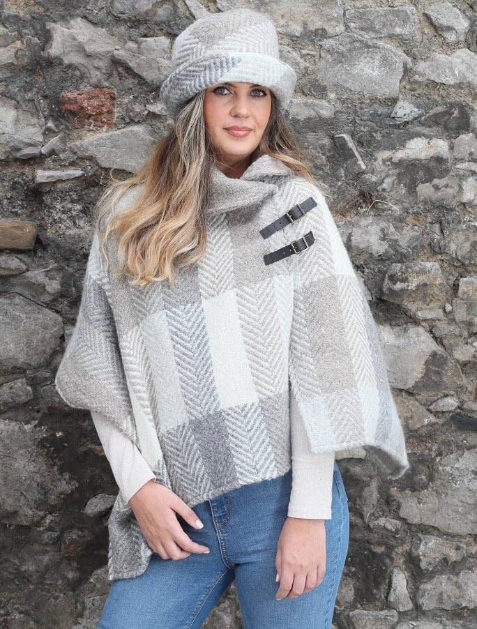 Shawl Collar Herringbone Poncho - Beige & Cream| Branigan Weavers