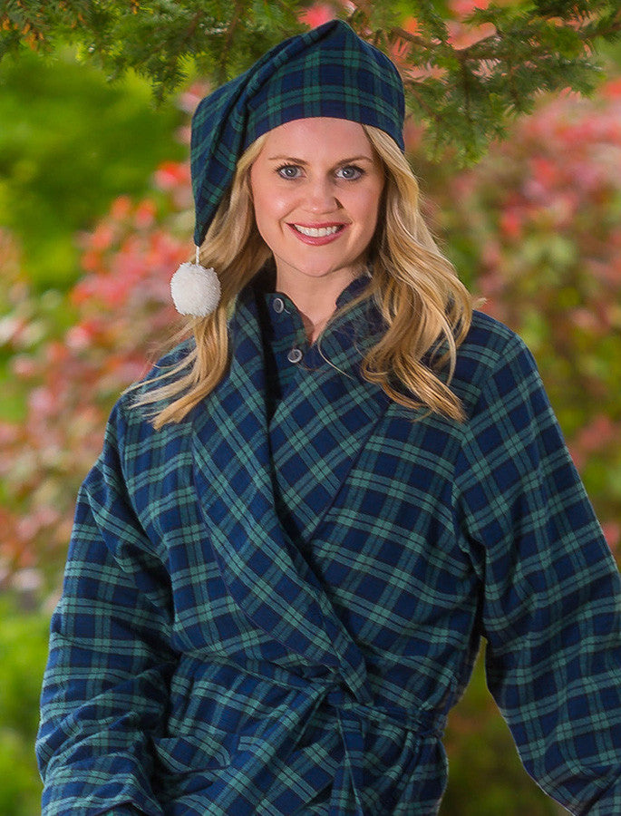 Ladies Cotton Flannel Nightcap - Green Blackwatch Tartan