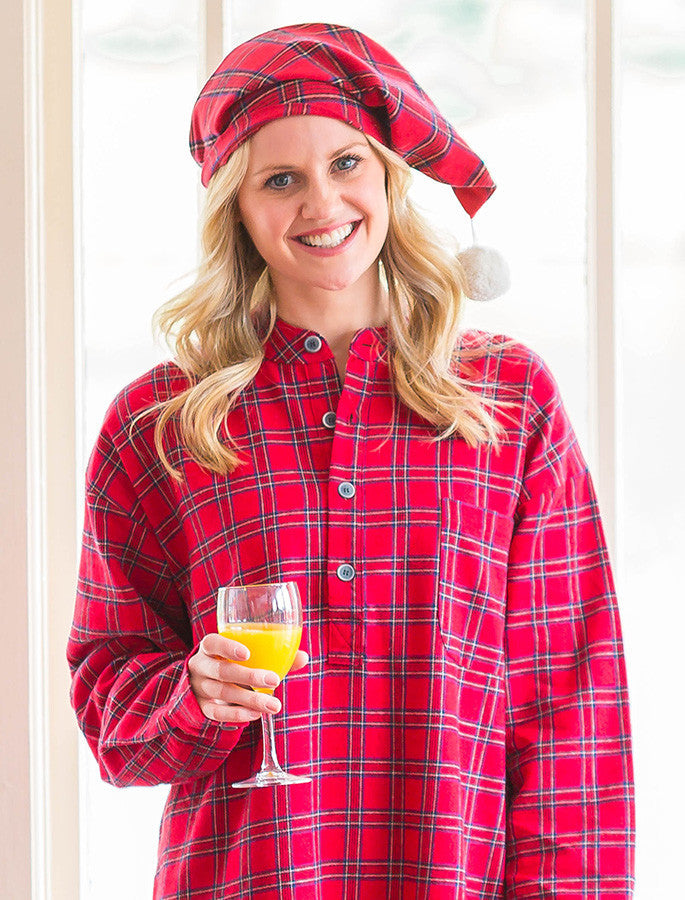 Ladies Cotton Flannel Nightcap - Red Tartan