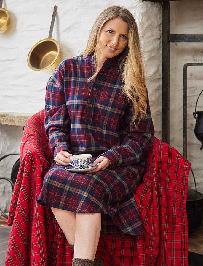 Ladies Cotton Flannel Nightshirt - Maroon Navy