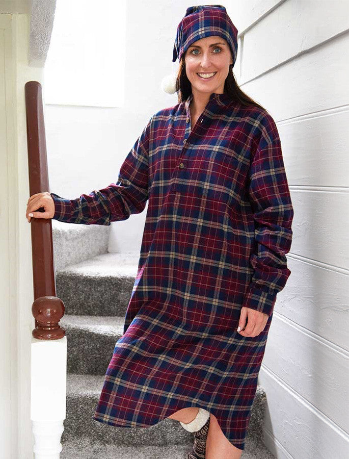 Ladies Cotton Flannel Nightshirt - Maroon Navy