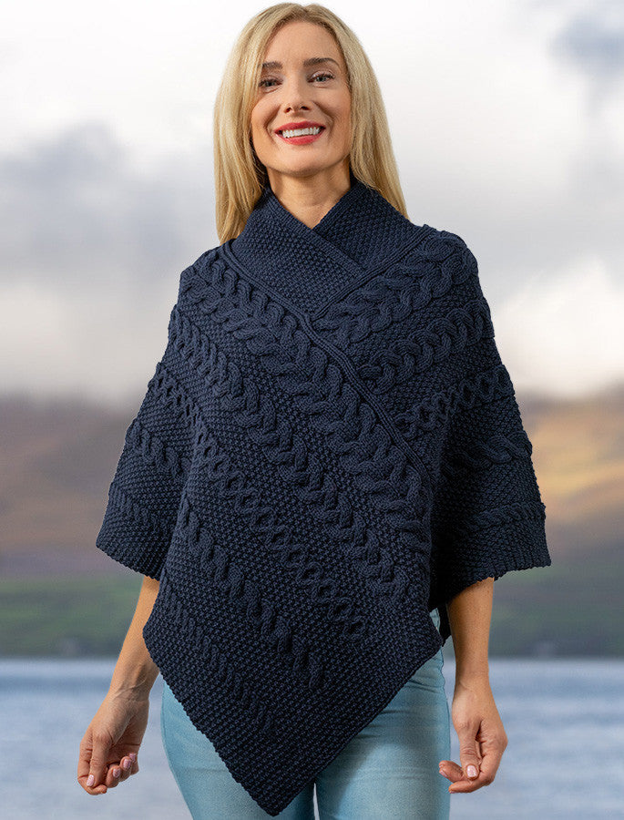 Aran Cable Poncho -Navy