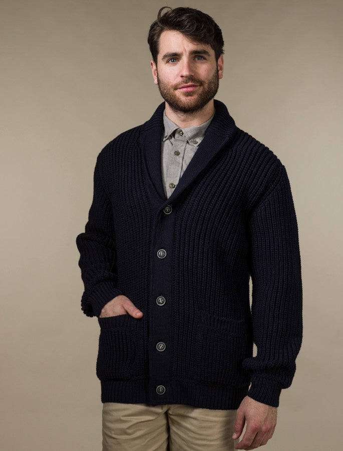 Merino Wool Ribbed Shawl Neck Cardigan - Navy