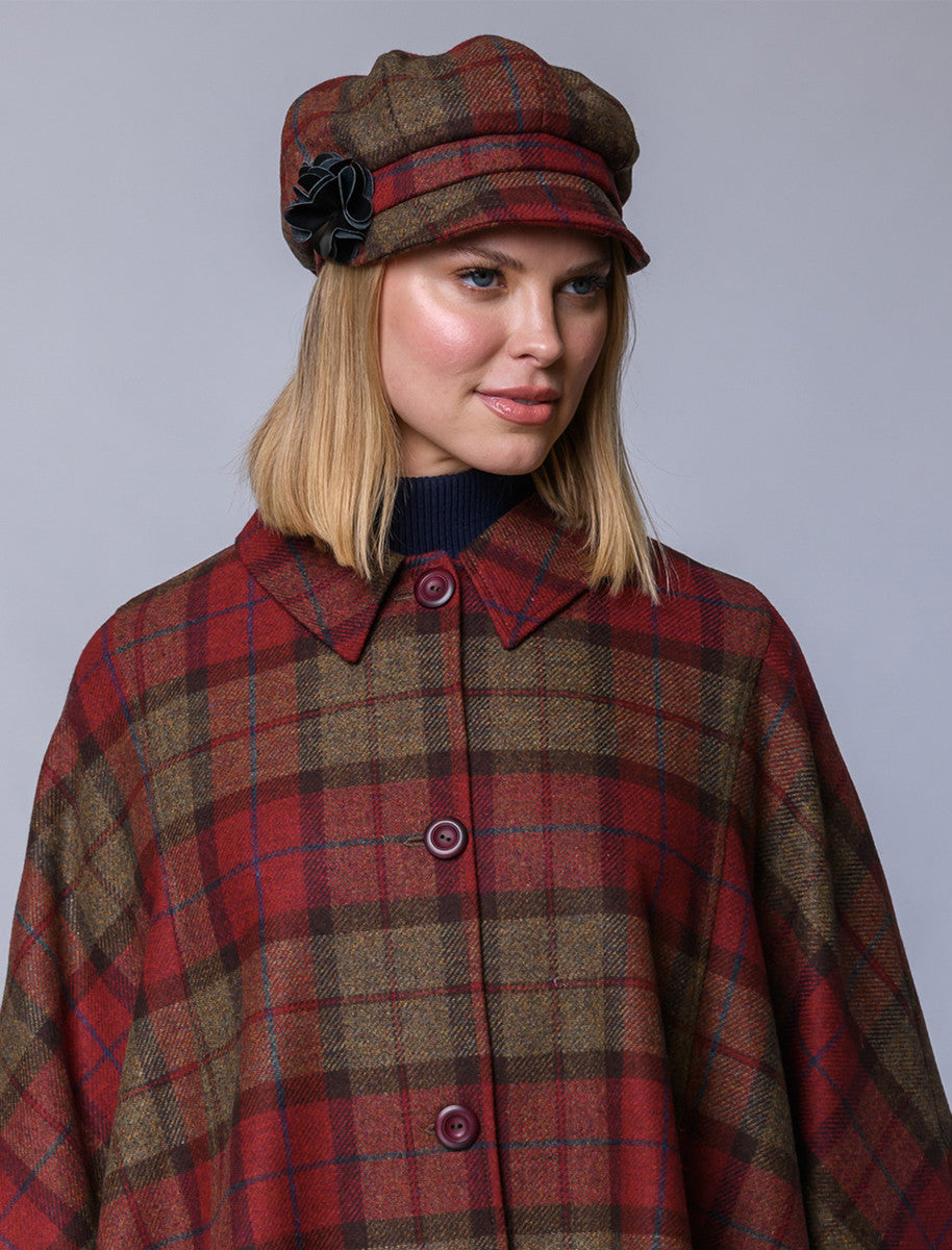 Ladies Tweed Newsboy Hat - Red, Brown & Grey