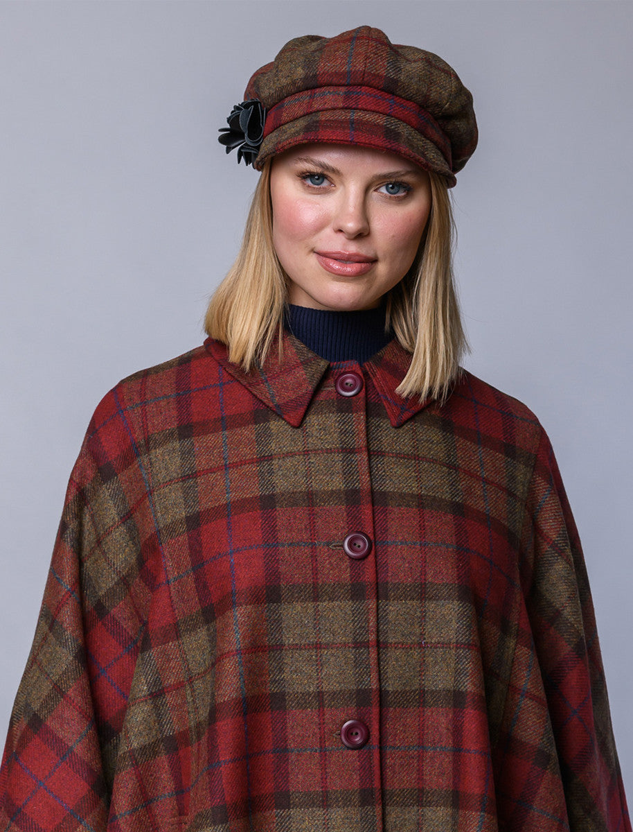 Ladies Tweed Newsboy Hat - Red, Brown & Grey