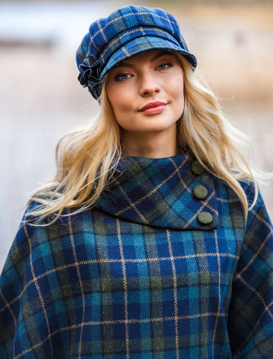 Ladies Tweed Newsboy Hat - Navy Sky & Green