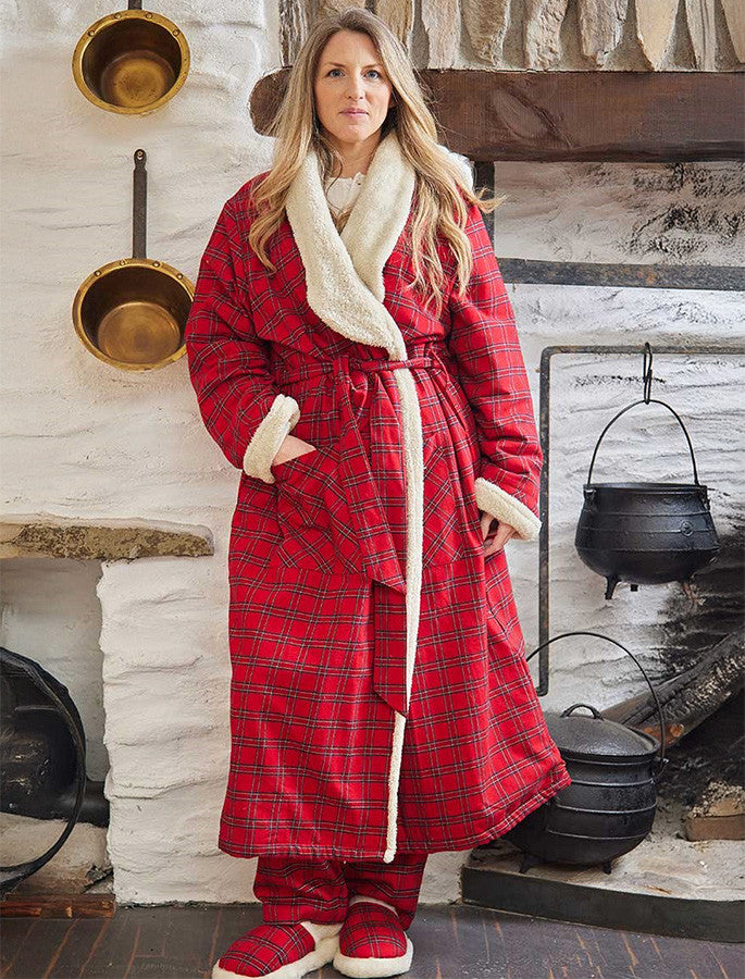 Ladies Fleece Lined Flannel Nightrobe - Red Tartan