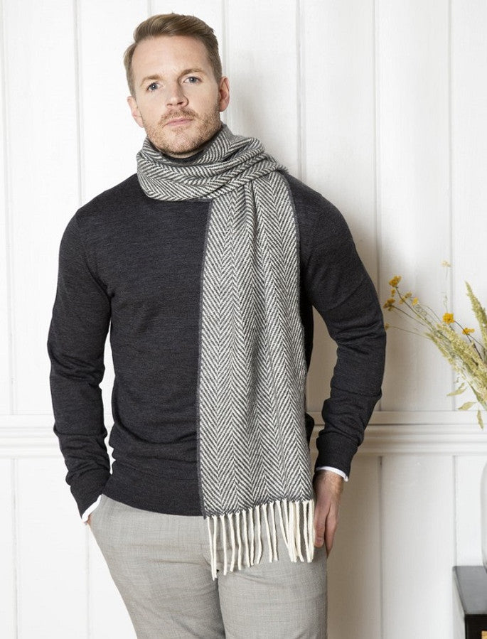 Cashmere Scarf - Oxford & White Herringbone