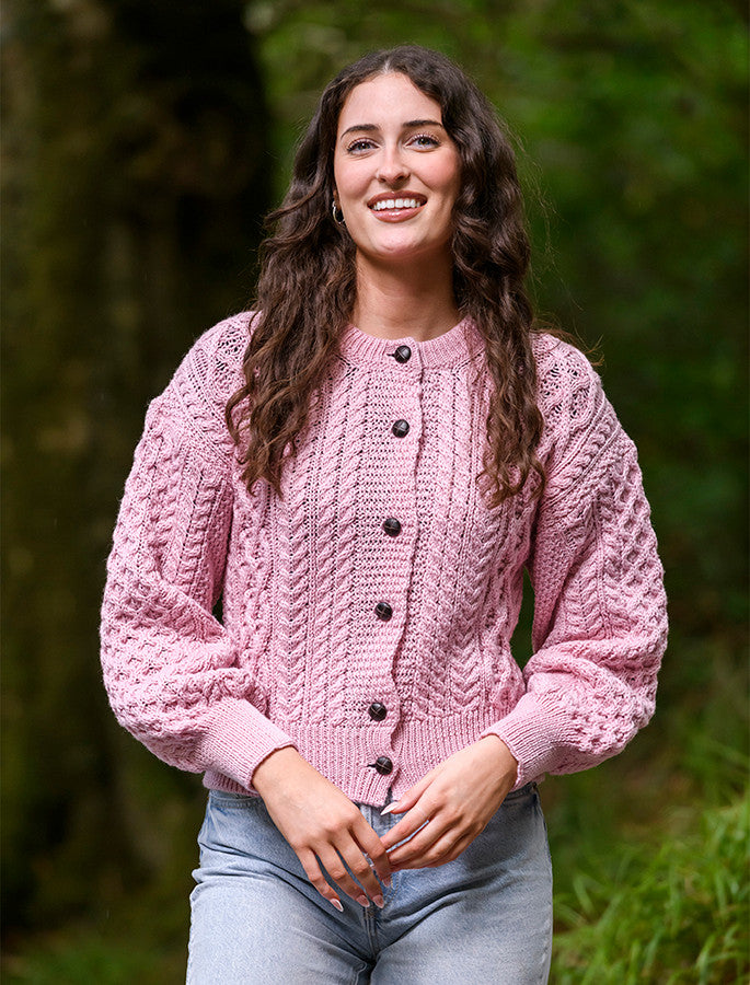 Cropped Wool Aran Cardigan - Pale Pink
