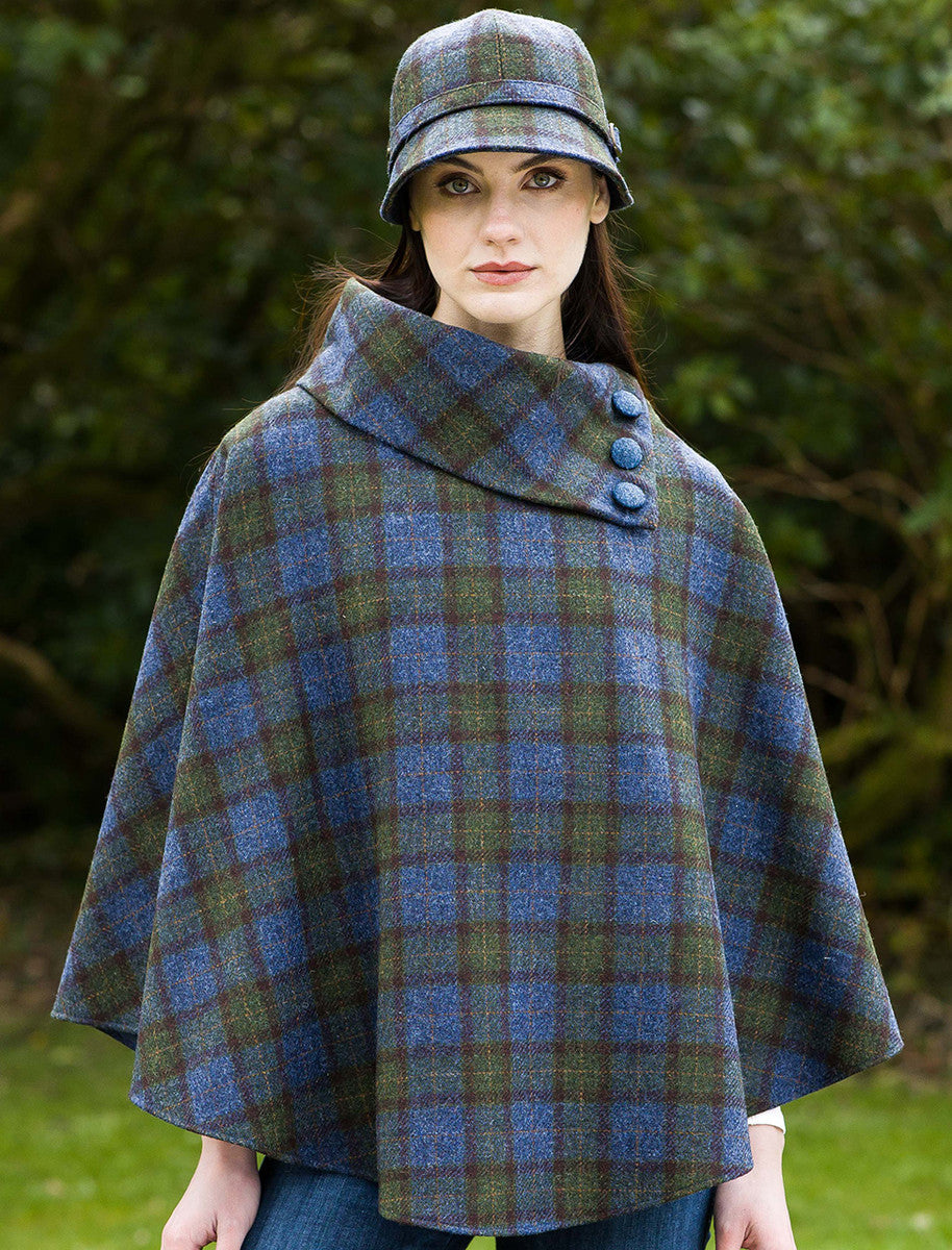 Mucros Tweed Poncho - Blue Green & Wine