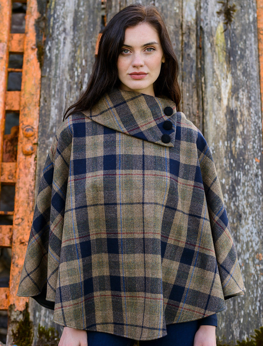 Mucros Tweed Poncho - Brown & Blue